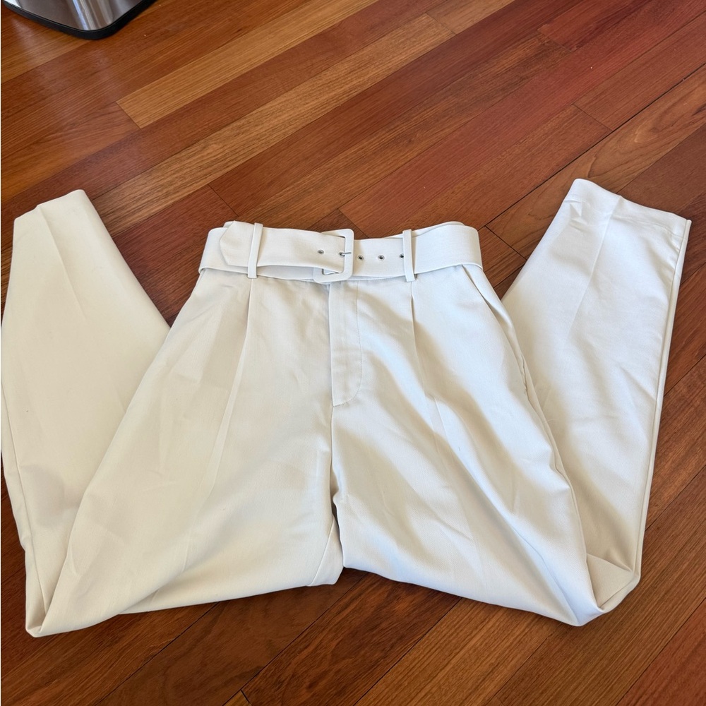 Zara Cream High-Waist Pleated Trousers with Belt